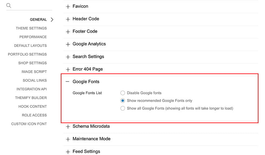 Selecting Google Web Fonts in Themify Styling panel
