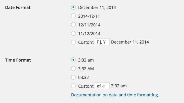 WordPress date and time settings