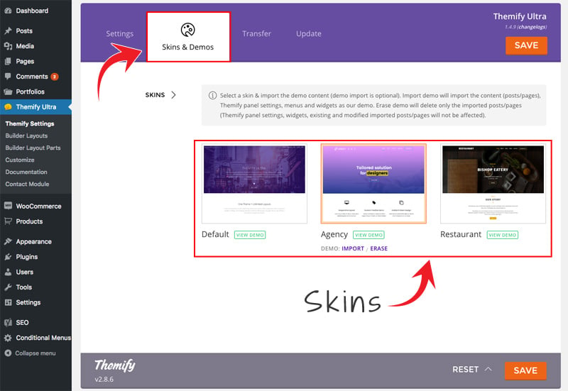 Themify settings option panel on where to access the skins and demos