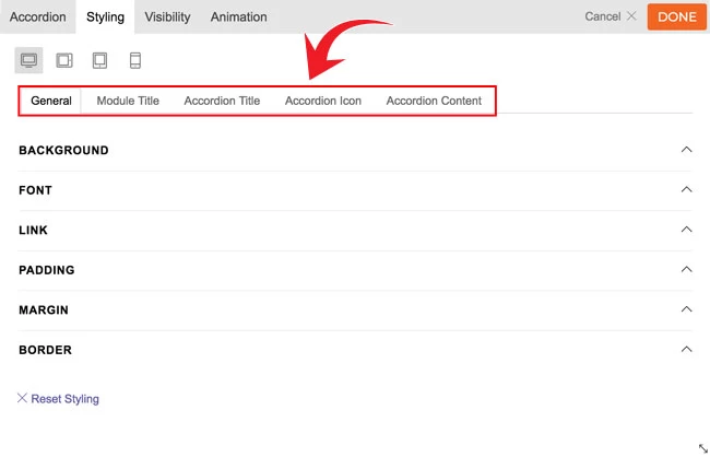 Builder V4 Accordion Module Styling tabs