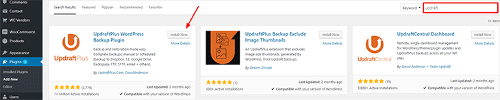 Install the updraftplus plugin