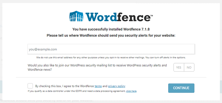 Wordfence email popup