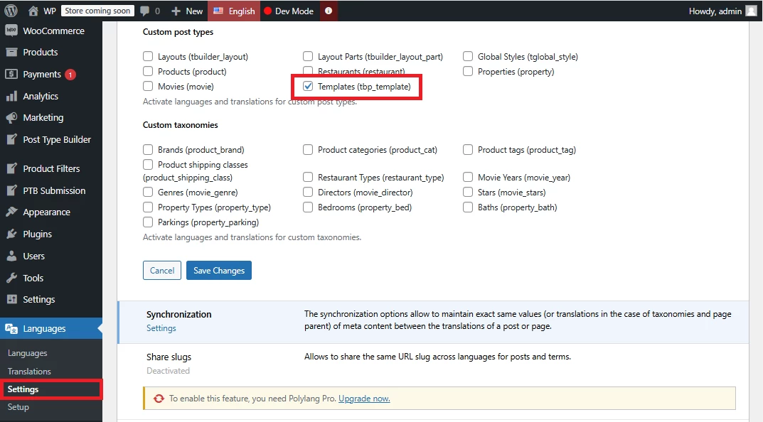 Custom Post Types and Taxonomies settings page with Templates option checked