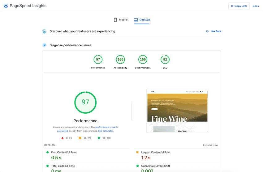 Wine pagespeed score