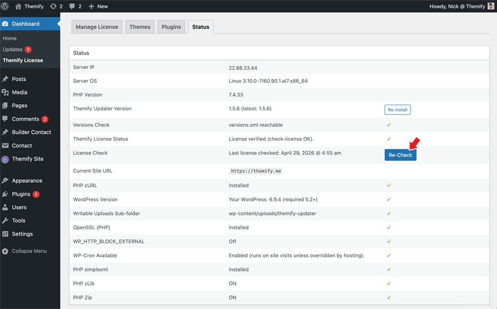 Themify updater status