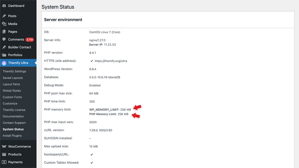 Themify Status WP memory limit